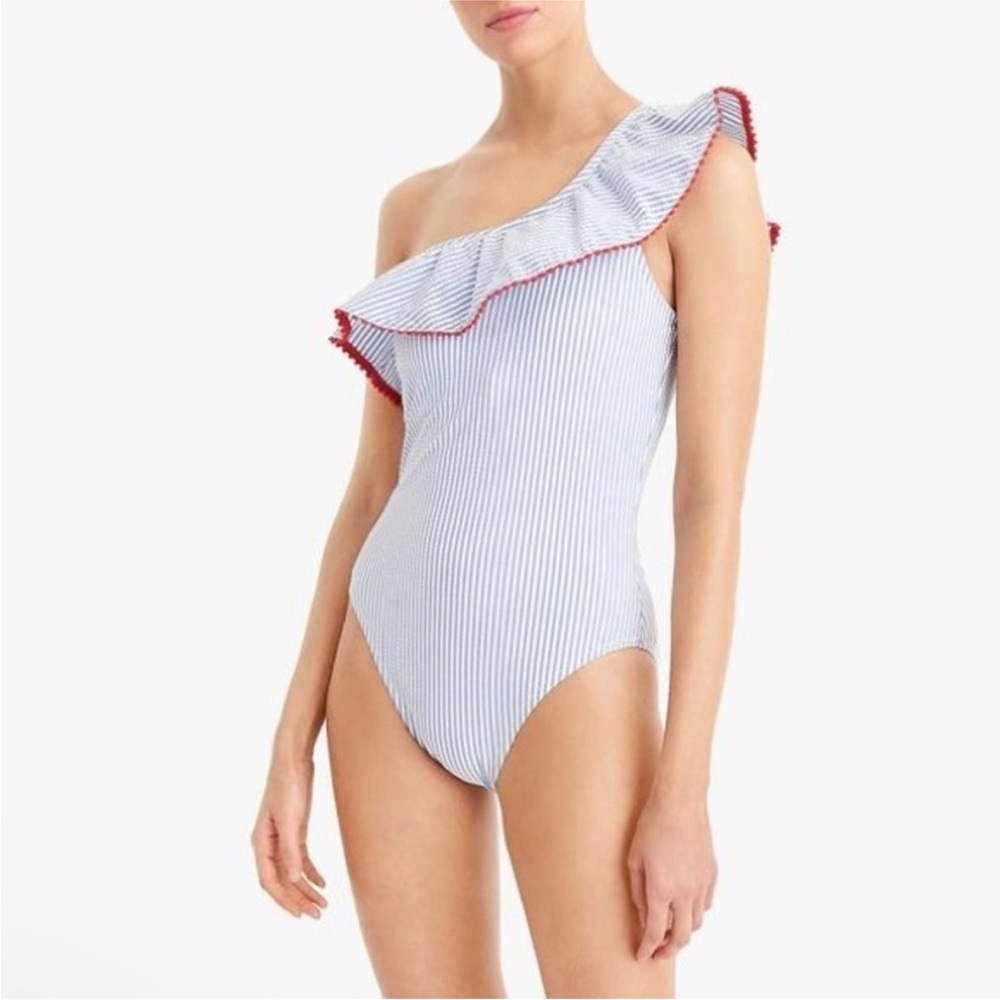 J. Crew One Shoulder Ruffle Swimsuit Seersucker Pom Trim Blue White Red - Picture 10 of 12